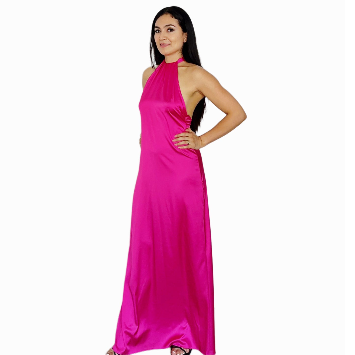 Vestido Largo Fucsia Halter Satinado