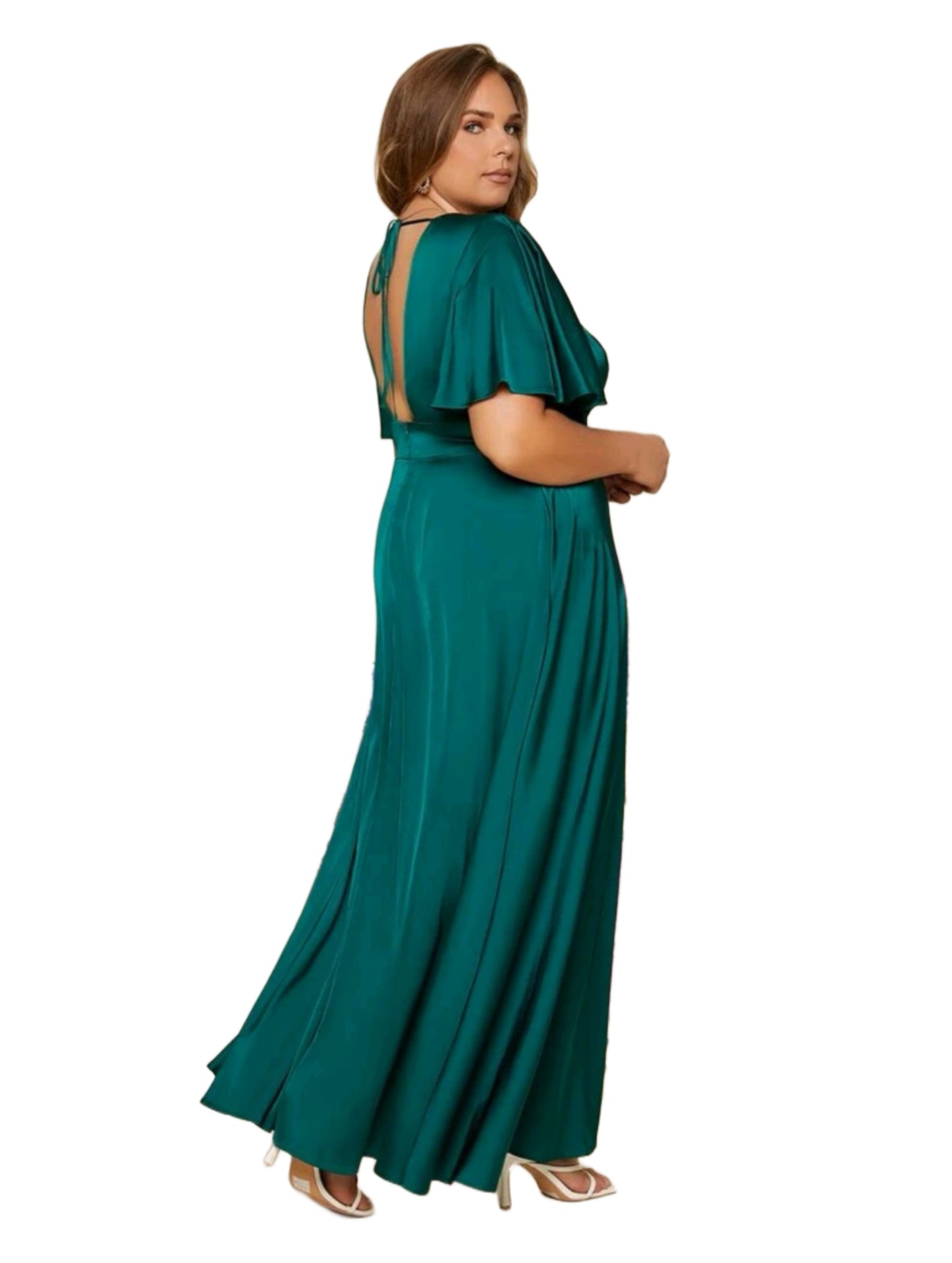 Vestido Verde de Satin Manga Acampanada Talla Extra