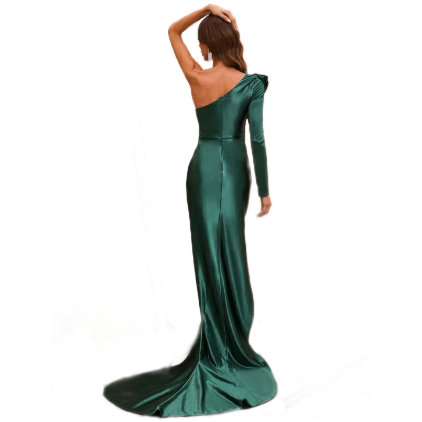 Vestido Largo Verde Satinado de una Manga con Olanes