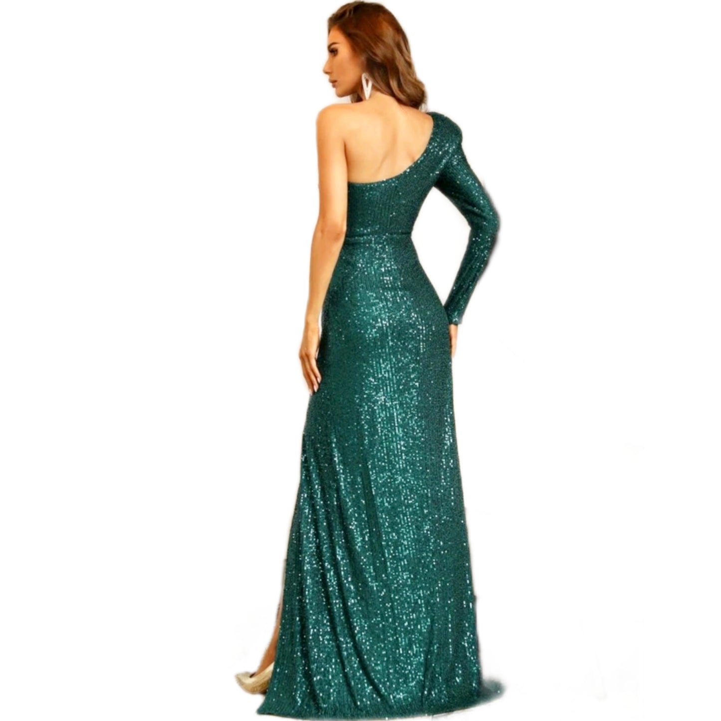 Vestido Largo Verde de Lentejuelas con una Manga