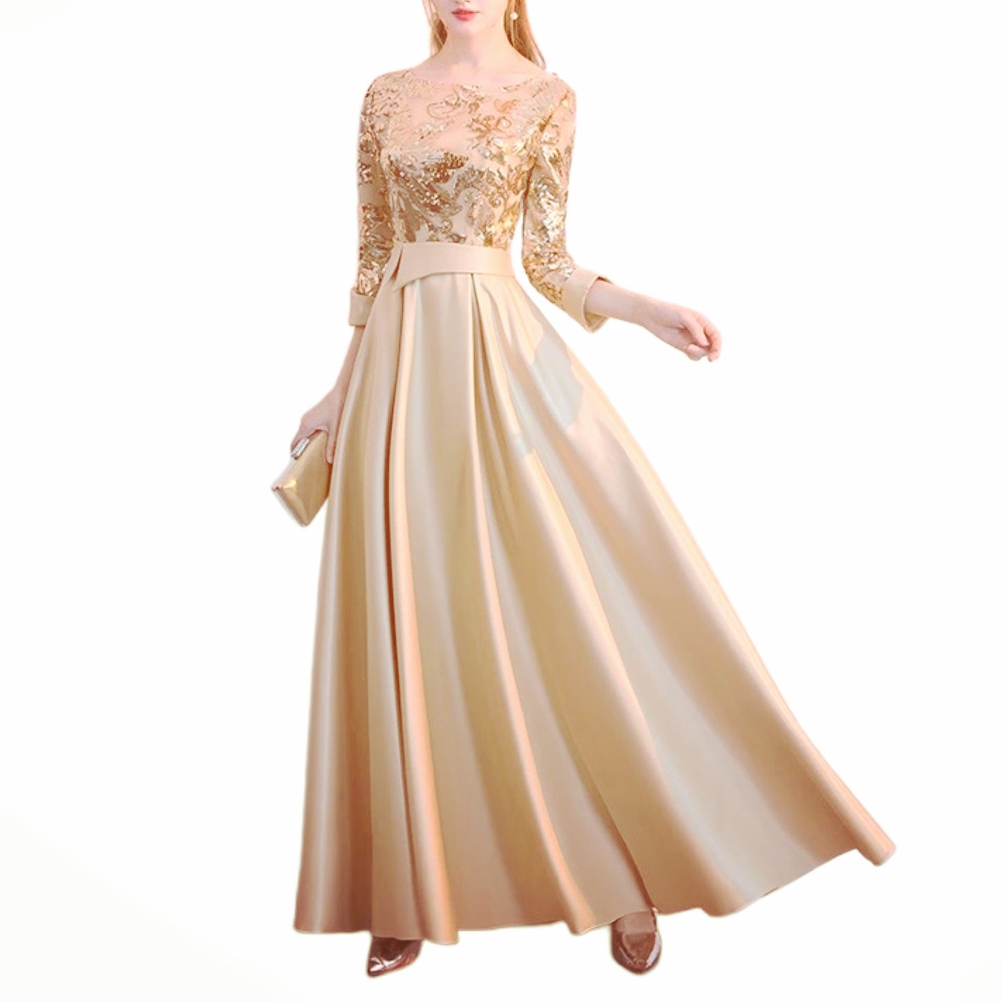 Vestido Largo Dorado de Manga Larga con Lentejuelas