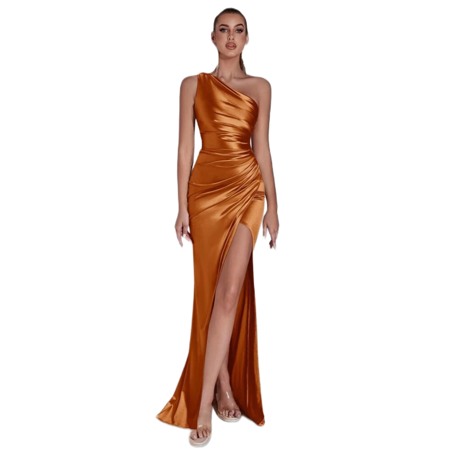 Vestido Largo Satinado Drapeado de un Hombro