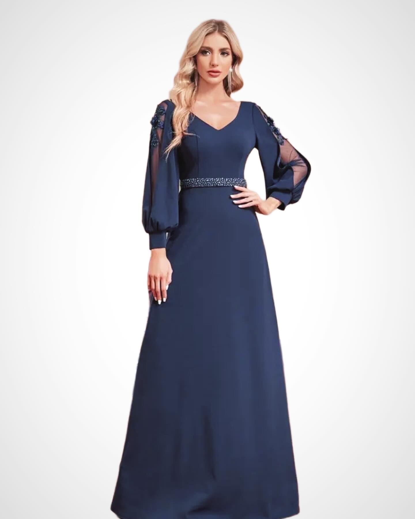 Vestido Azul Marino con Encaje y Flores en las Mangas