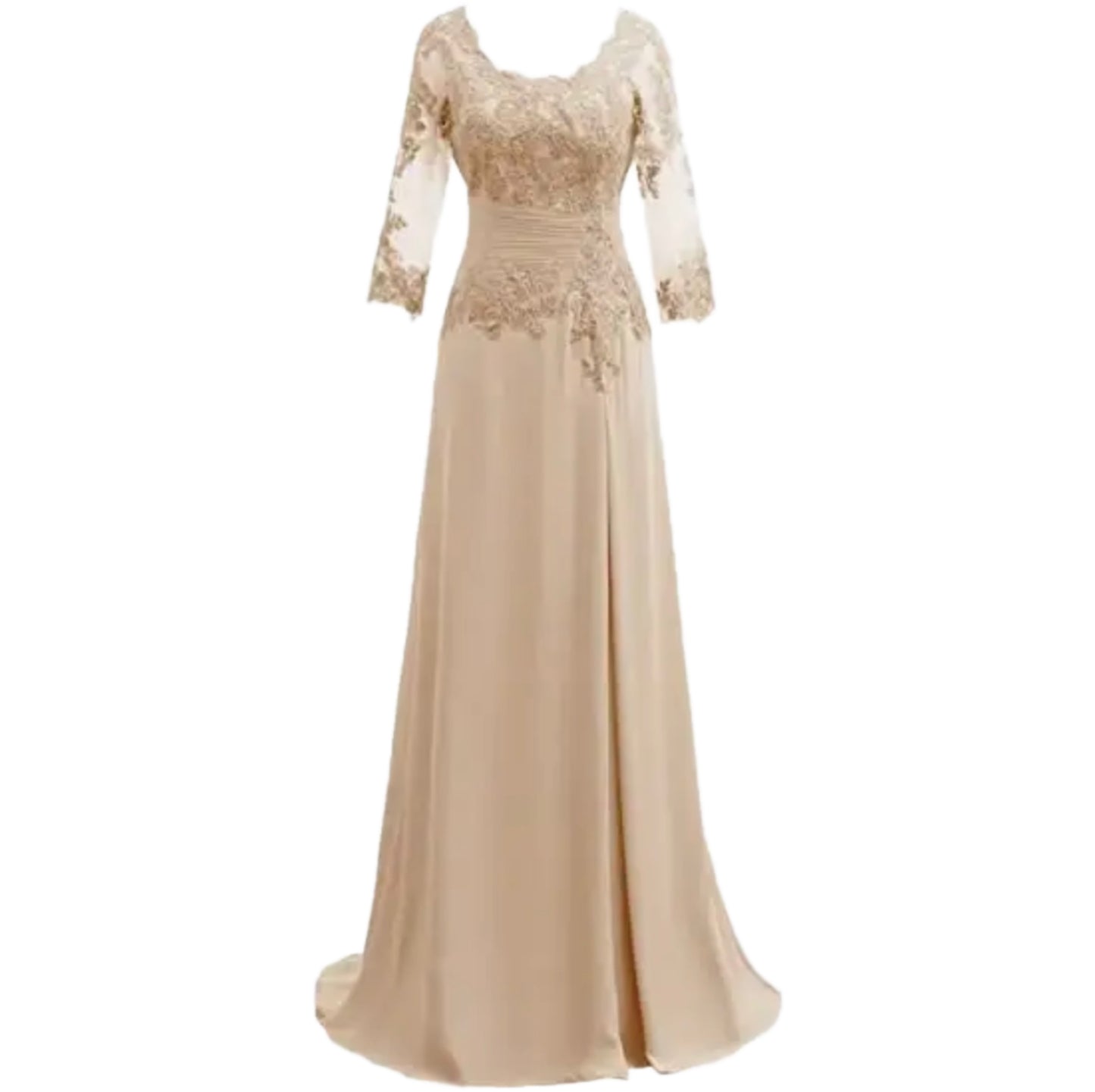 Vestido Largo Beige de Manga Larga con Encaje