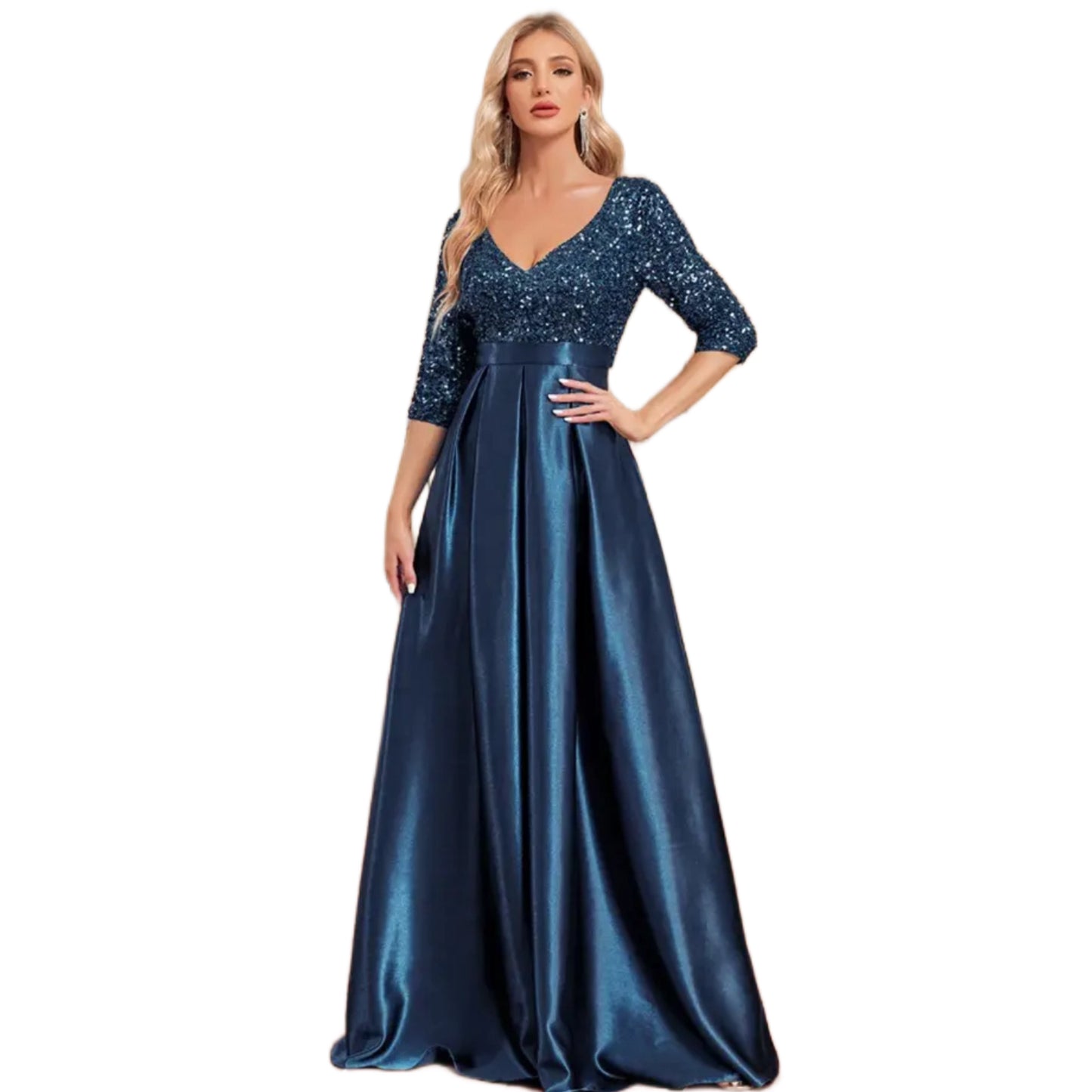 Vestido Largo Azul Marino Top de Lentejuelas y Manga Larga