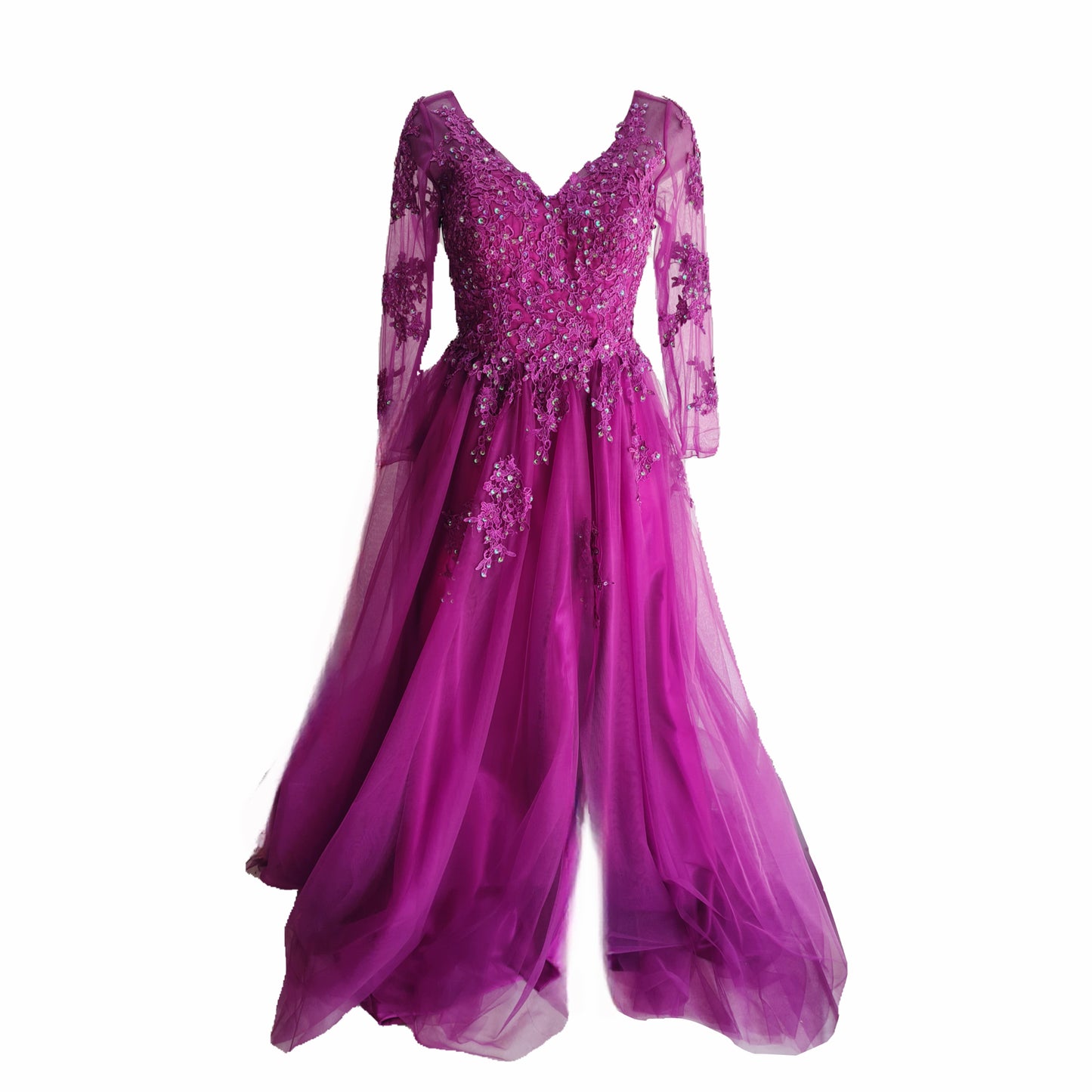 Vestido de Manga Larga con Aplicaciones y Abierta en la Pierna