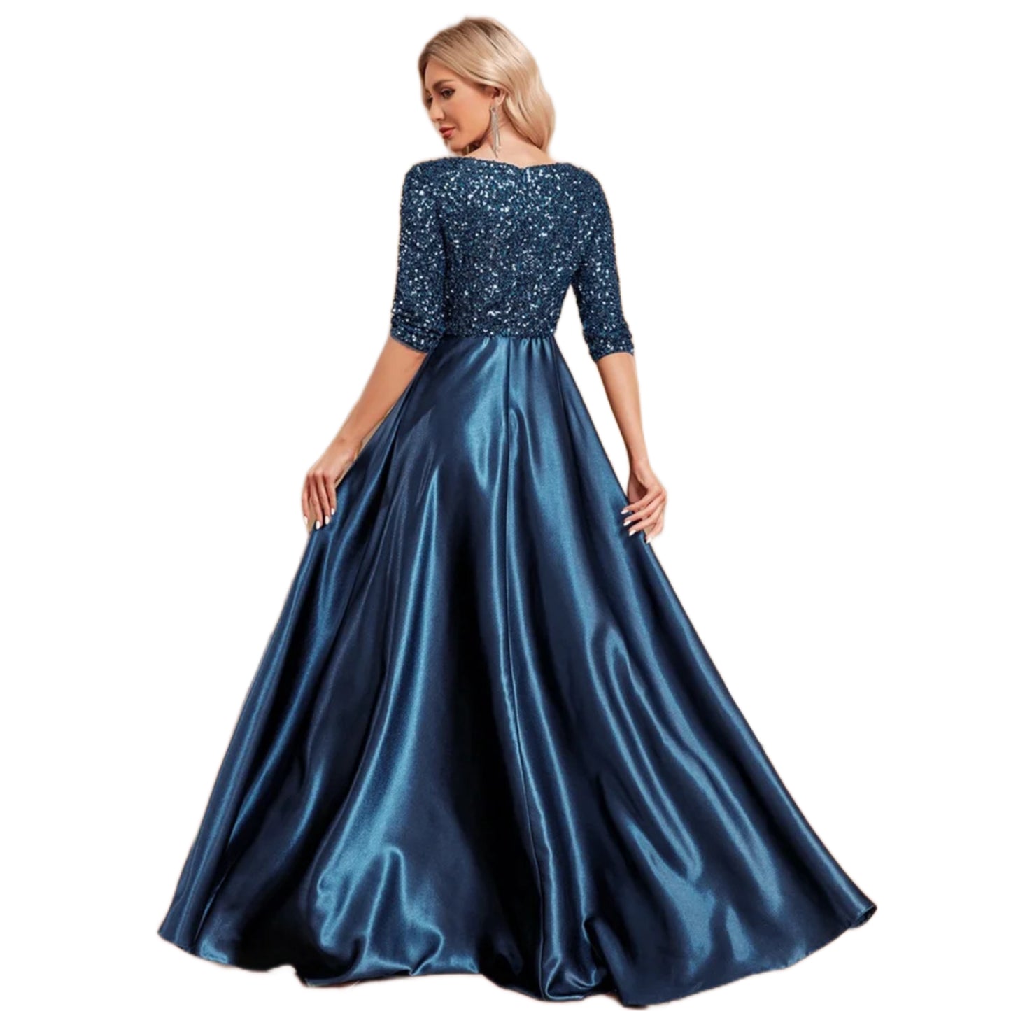 Vestido Largo Azul Marino Top de Lentejuelas y Manga Larga