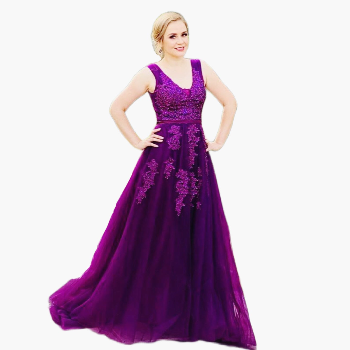 Vestido Largo de Tul con Aplicaciones de Encaje