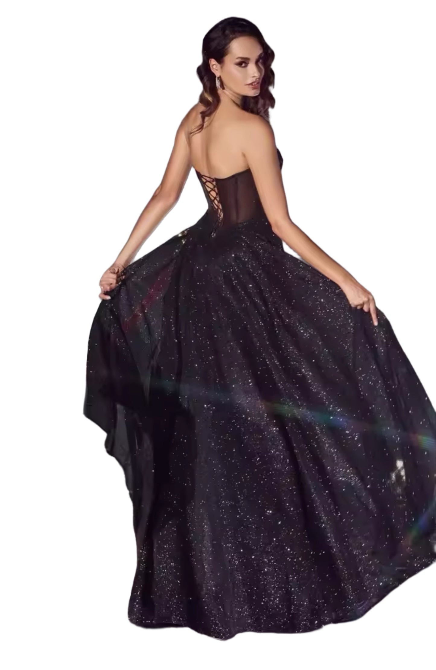 Vestido Largo Negro Ampon Brilloso con Corset