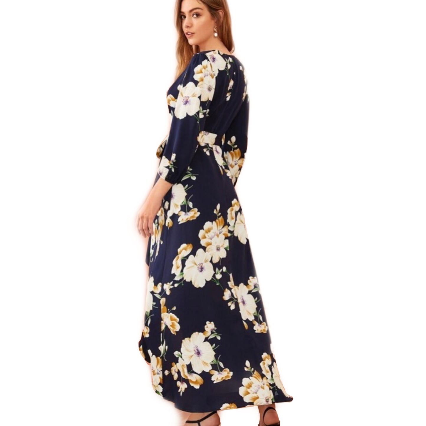 Vestido Azul Marino Floreado Manga Larga