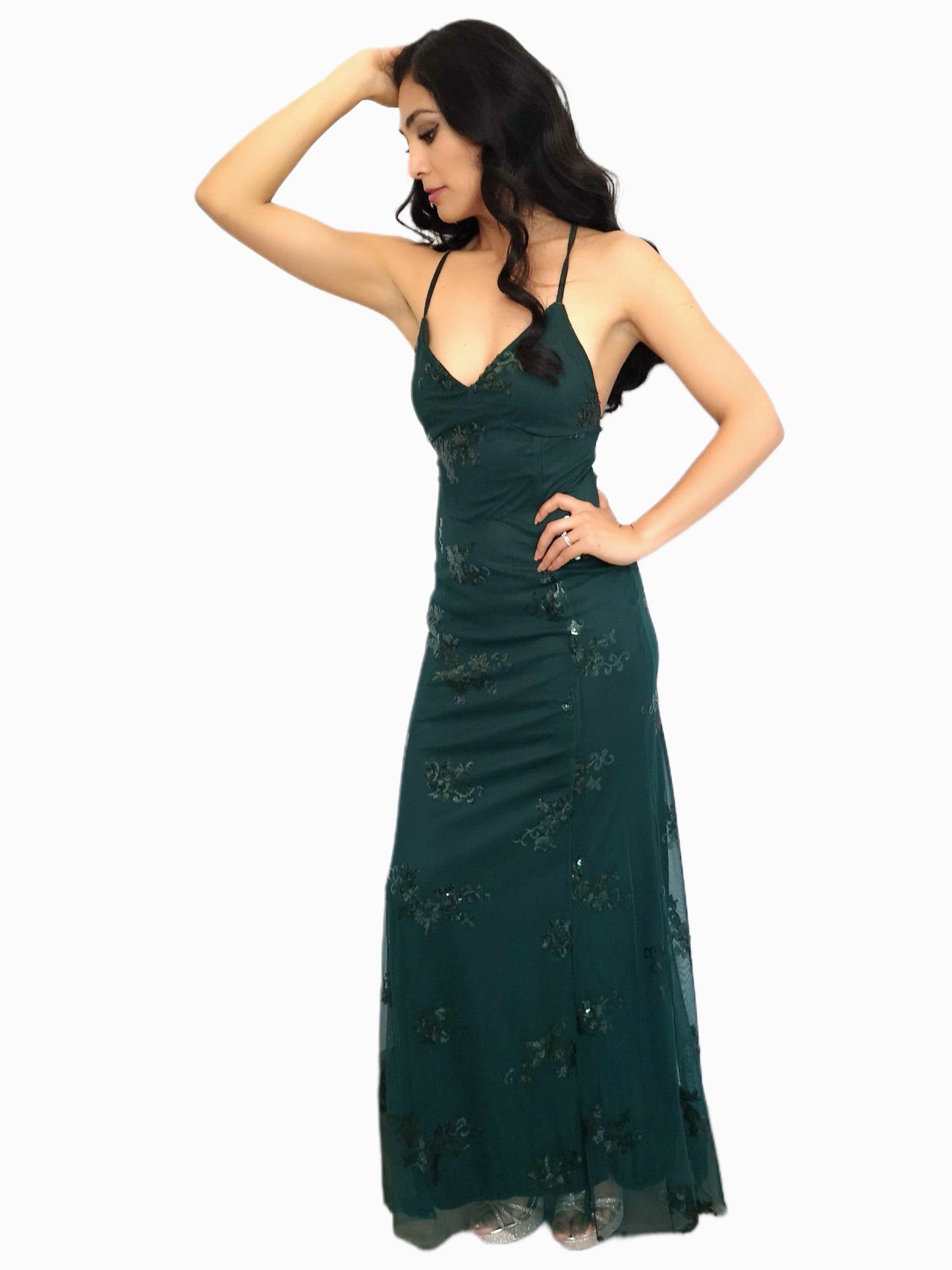 Vestido Verde Botella con Lentejuelas y Escote en la Espalda