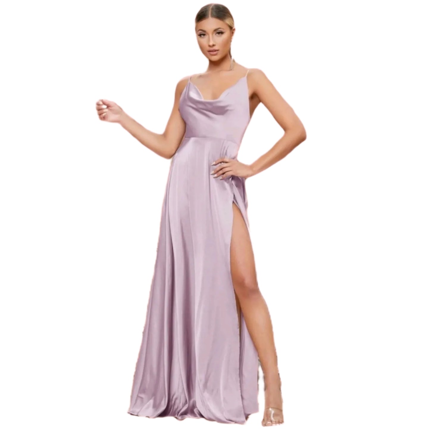 Vestido Ligero Satinado con Abierta en la Pierna