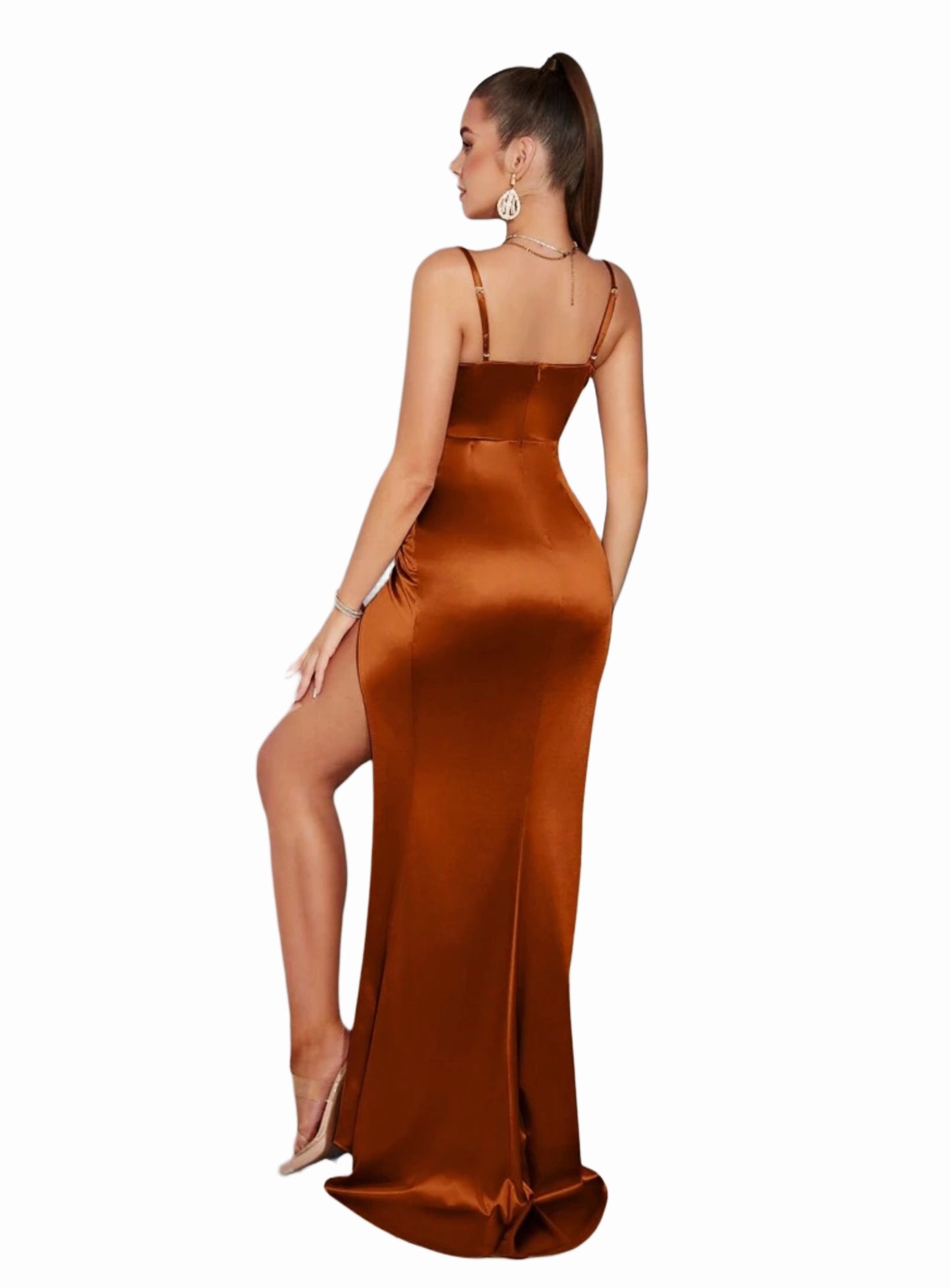 Vestido Largo Naranja Satinado de Tirantes