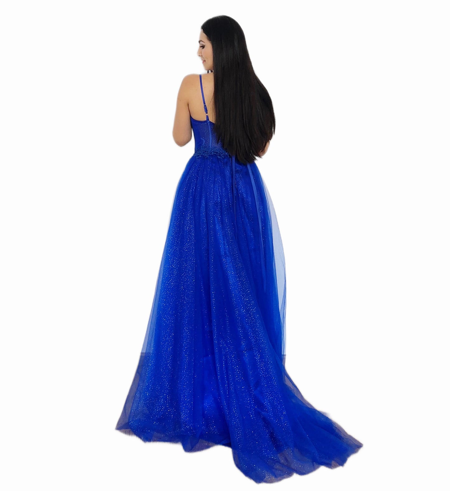 Vestido Largo Ampon Azul Rey de Tul con Brillos