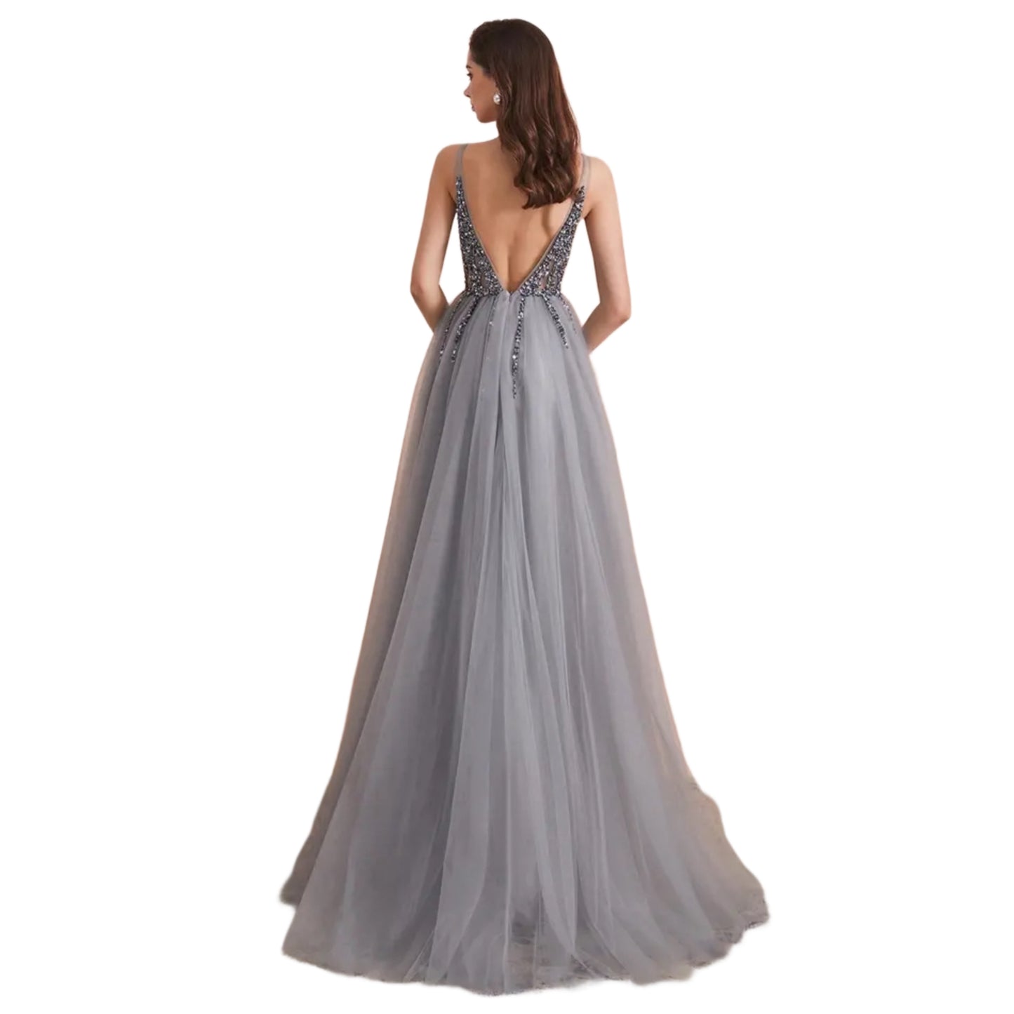 Vestido Largo Gris de Tul con Lentejuelas