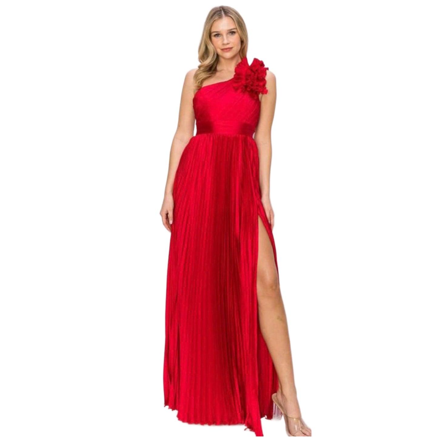 Vestido Largo Satinado Plisado de un Hombro con Flores