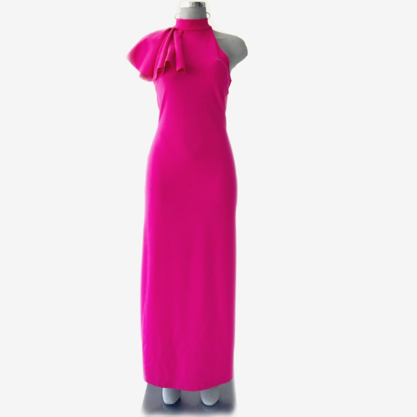 Vestido Fucsia Halter Con Olan en el Cuello