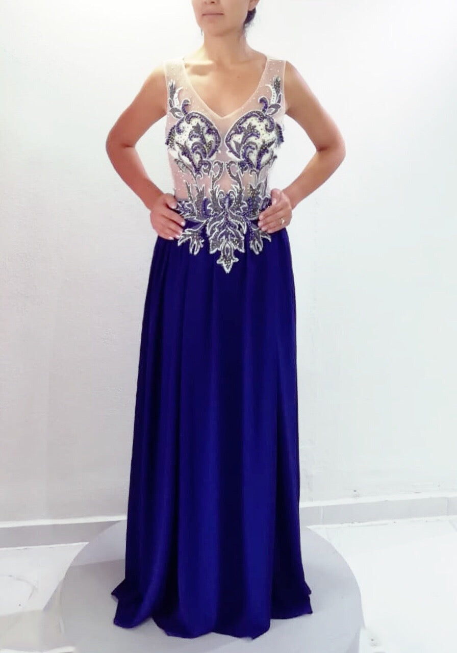 Vestido Azul Marino top Beige con Pedrería