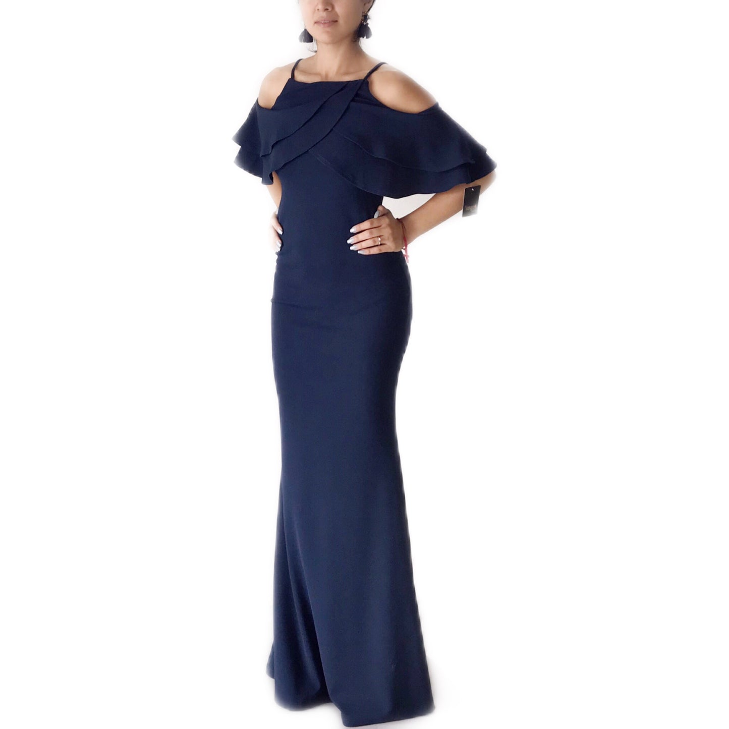 Vestido Largo Azul Marino Olanes en las Mangas