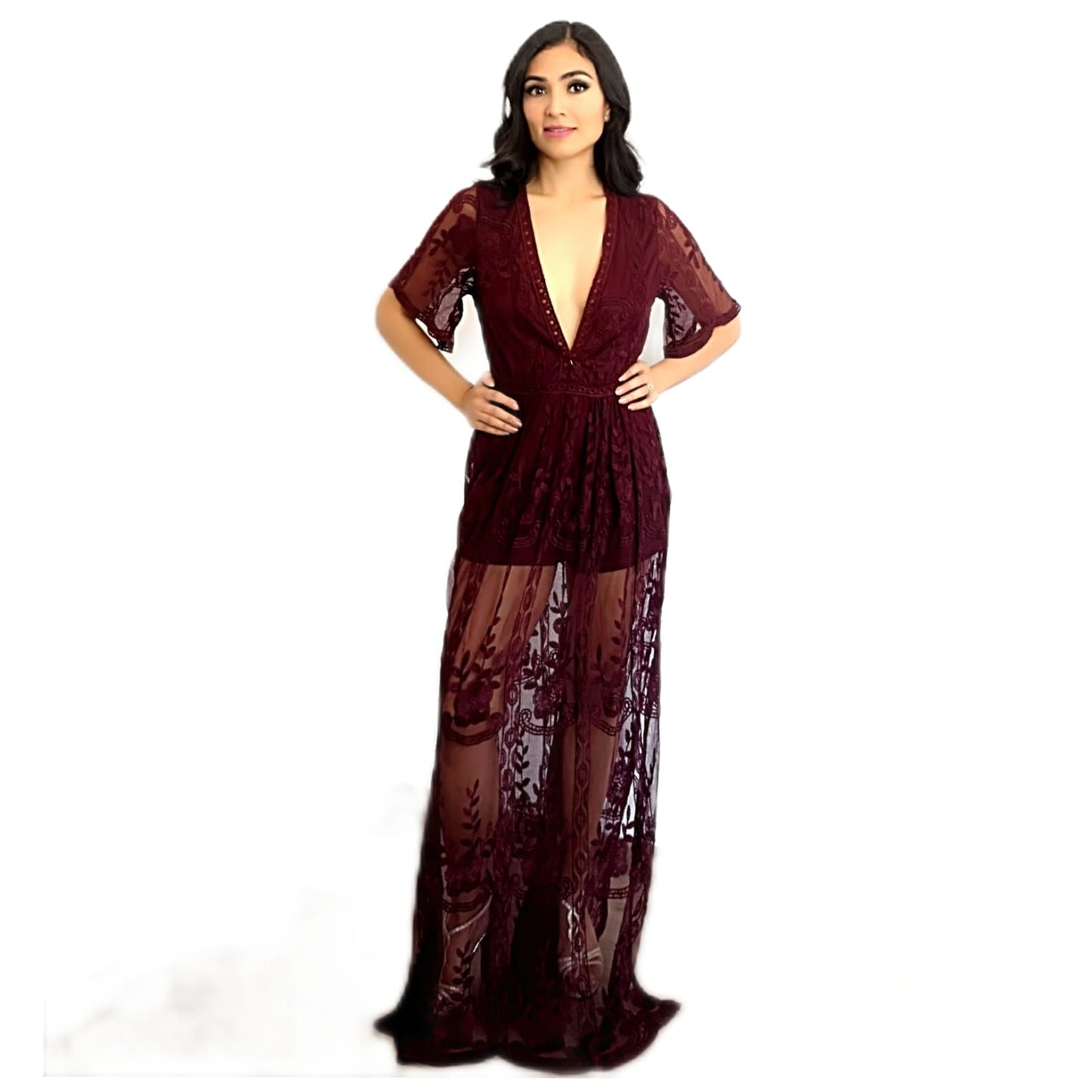 Vestido Tinto Largo con Transparencias Bordadas