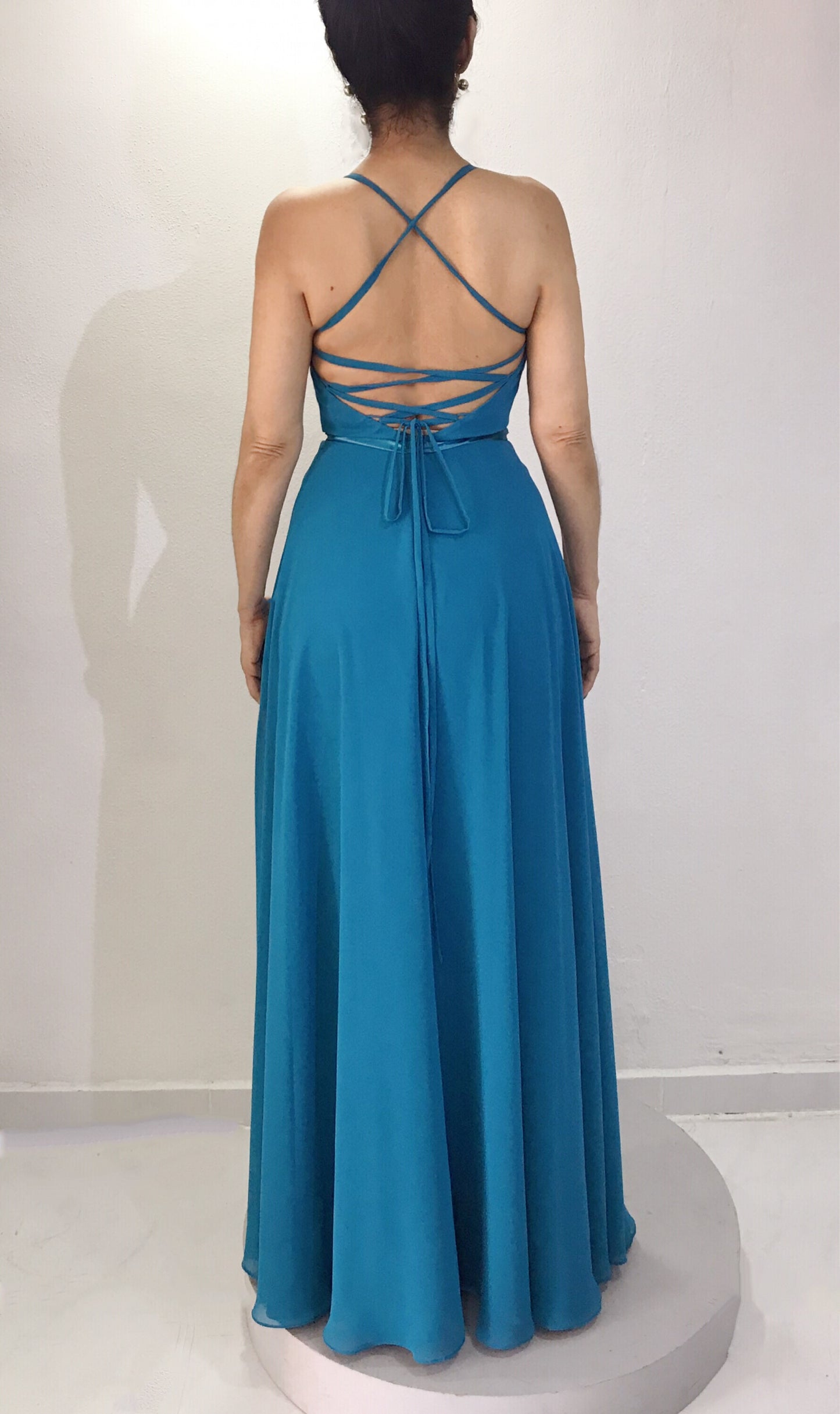 Vestido Azul Teal Largo Transparencia en el Escote