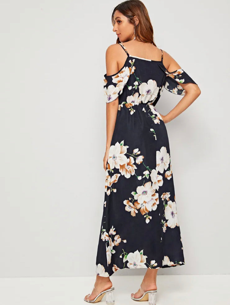 Vestido Azul Marino Floreado Manga Caida