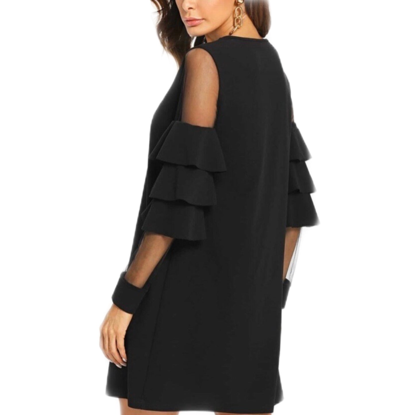 Vestido Negro con Olanes en las Mangas Transparentes