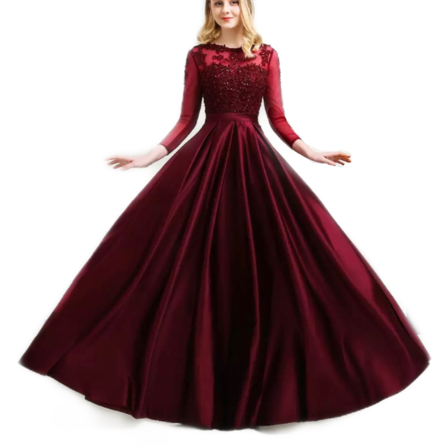 Vestido Tinto Manga Larga con Aplicaciones