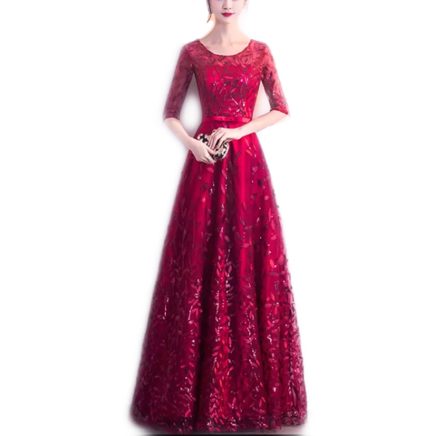 Vestido Rojo Manga 3/4 Aplicaciones de Lentejuelas