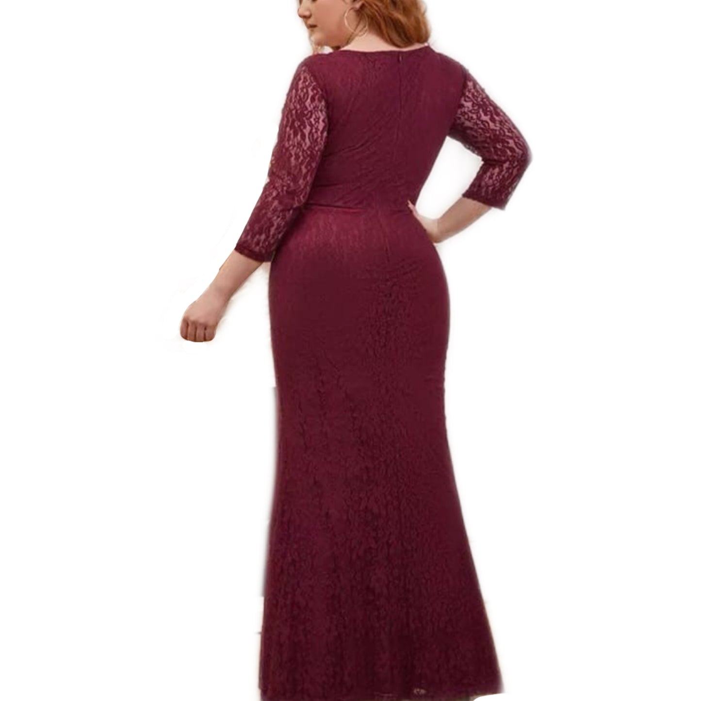 Vestido Tinto Extra Grande de Encaje y Manga Larga