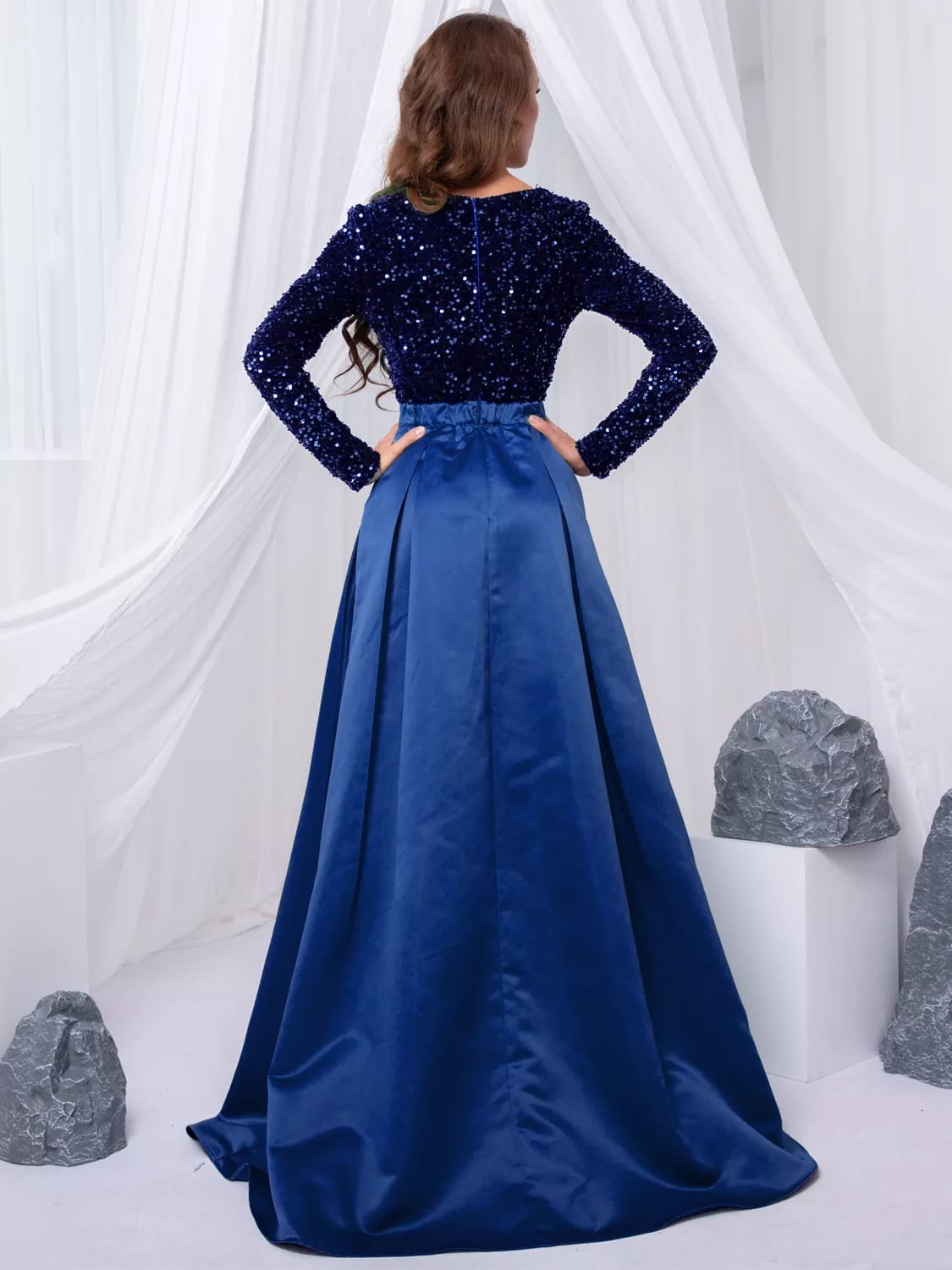 Vestido Azul Rey Top de Terciopelo y Lentejuelas