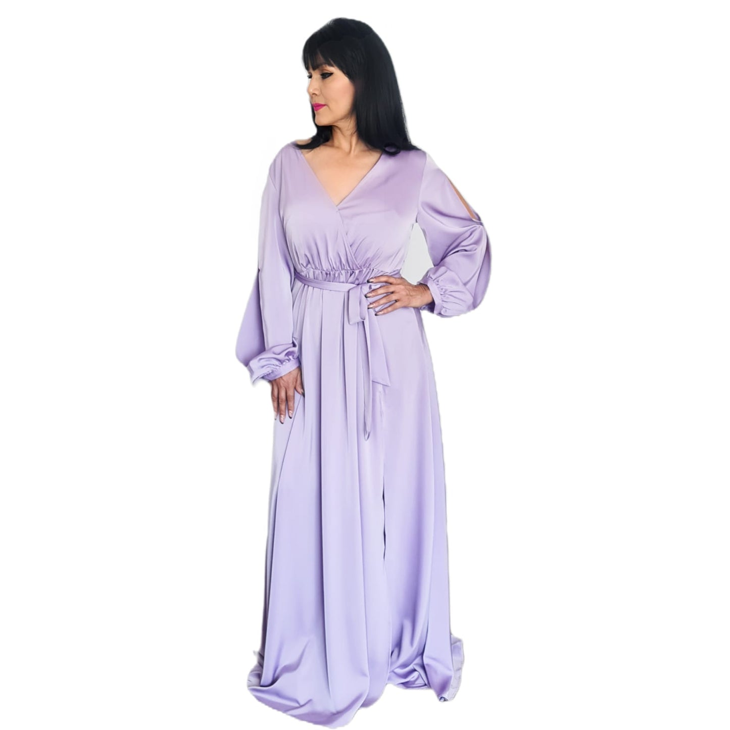 Vestido Largo Lila Satinado con Manga Larga