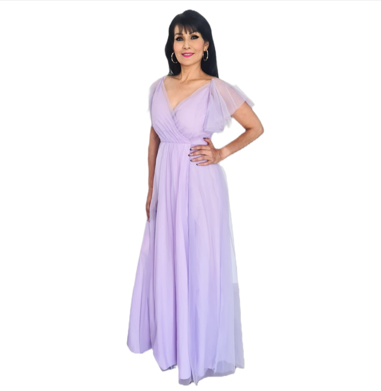 Vestido Largo Lila de Tul Mangas Cortas