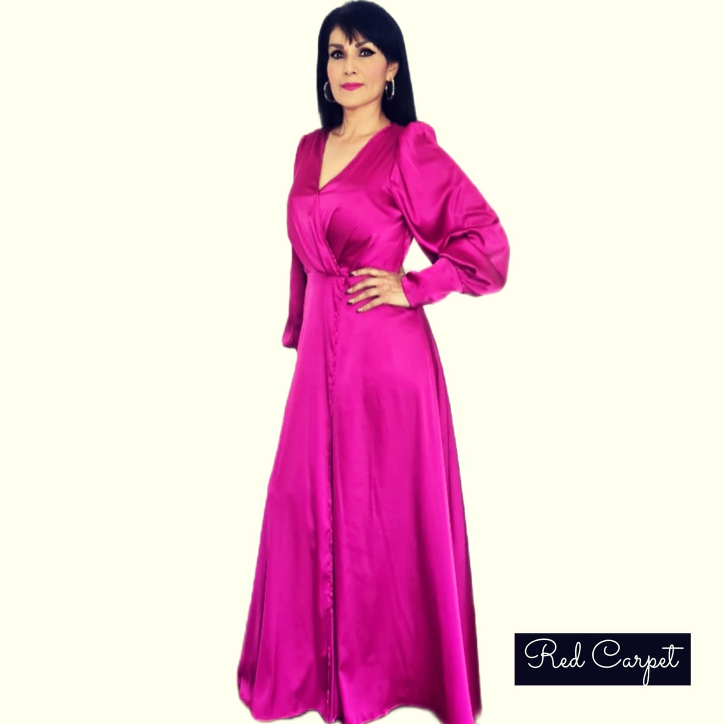 Vestido Largo Fucsia Satinado Mangas Largas
