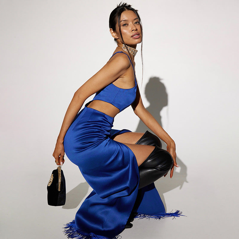 Vestido de un Hombro Corte en la Cintura y Barbitas