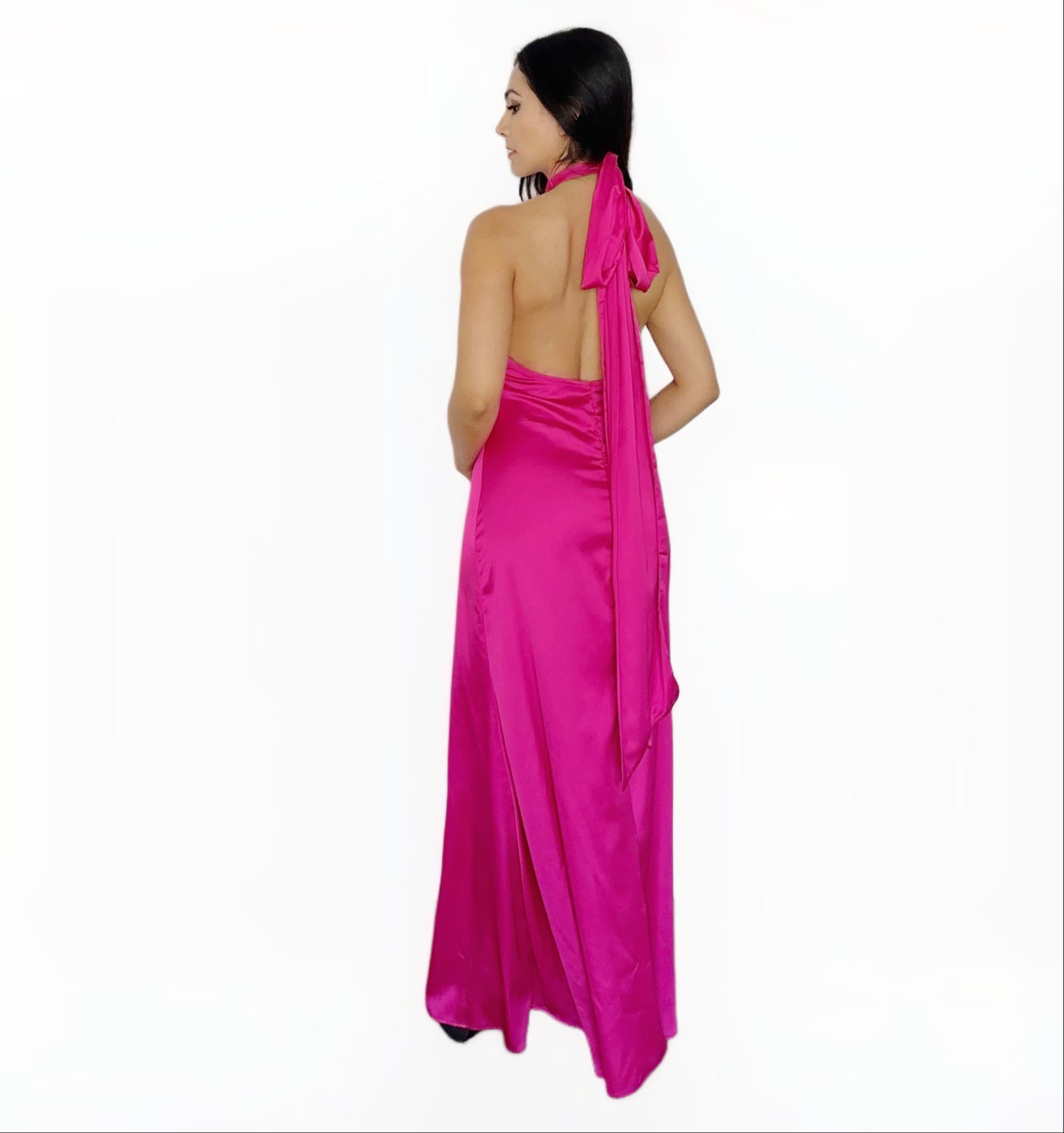 Vestido Largo Fucsia Halter Satinado