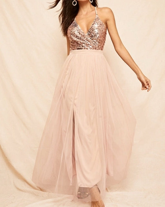 Vestido largo Rosa Gold de Tul con Lentejuelas