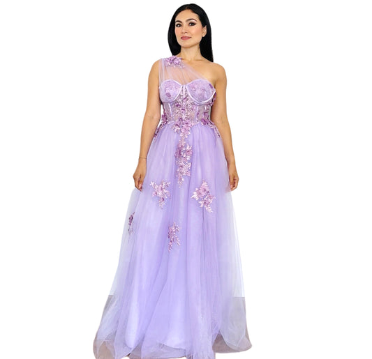 Vestido Largo Lila de Tul con Flores 3D