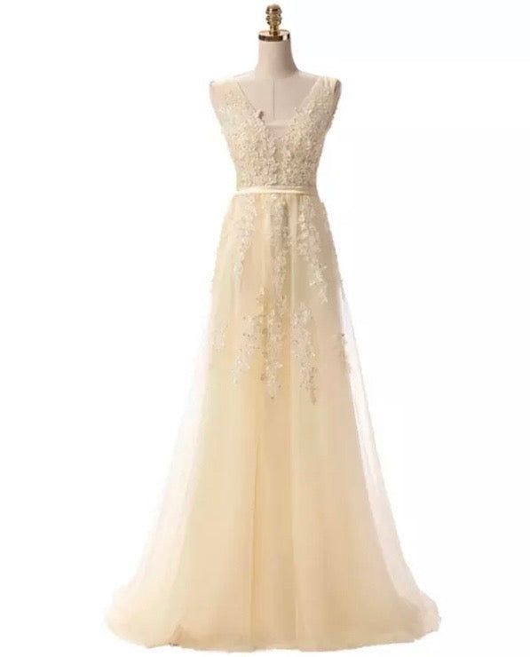 Vestido Largo de Tul con Aplicaciones de Encaje