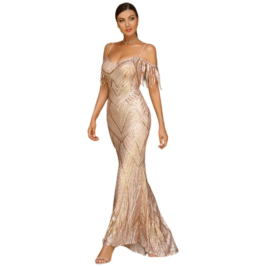Vestido Largo Rosa Gold de Lentejuelas con Tiritas