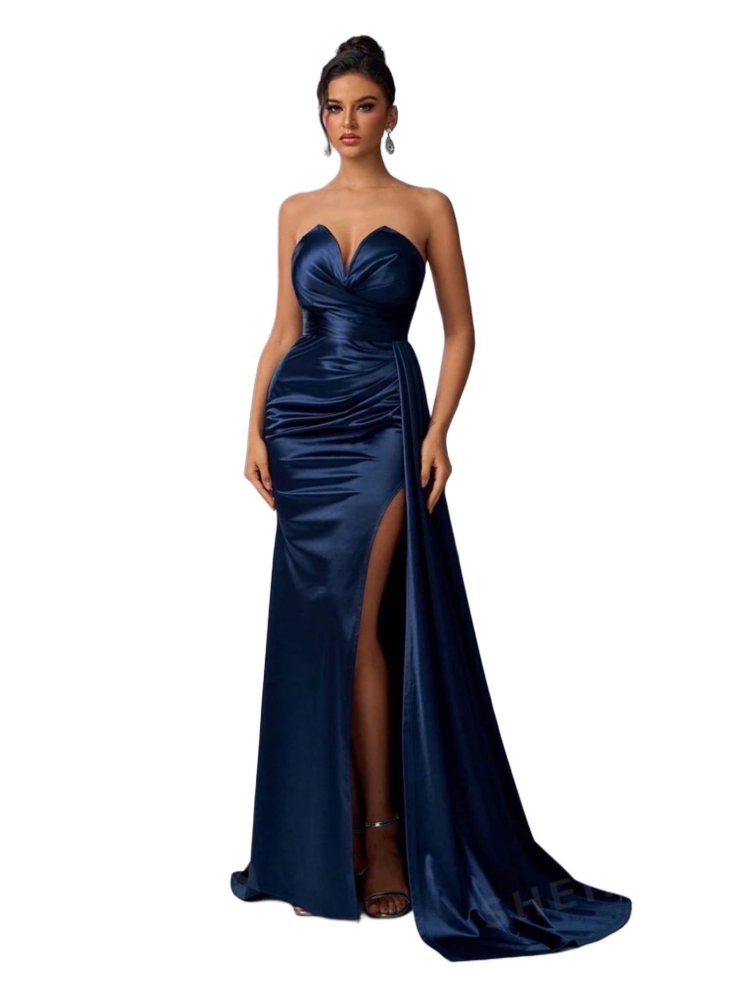 Vestido Largo Azul Marino Strapless Satinado