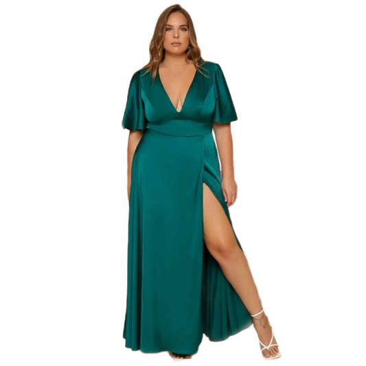 Vestido Verde de Satin Manga Acampanada Talla Extra