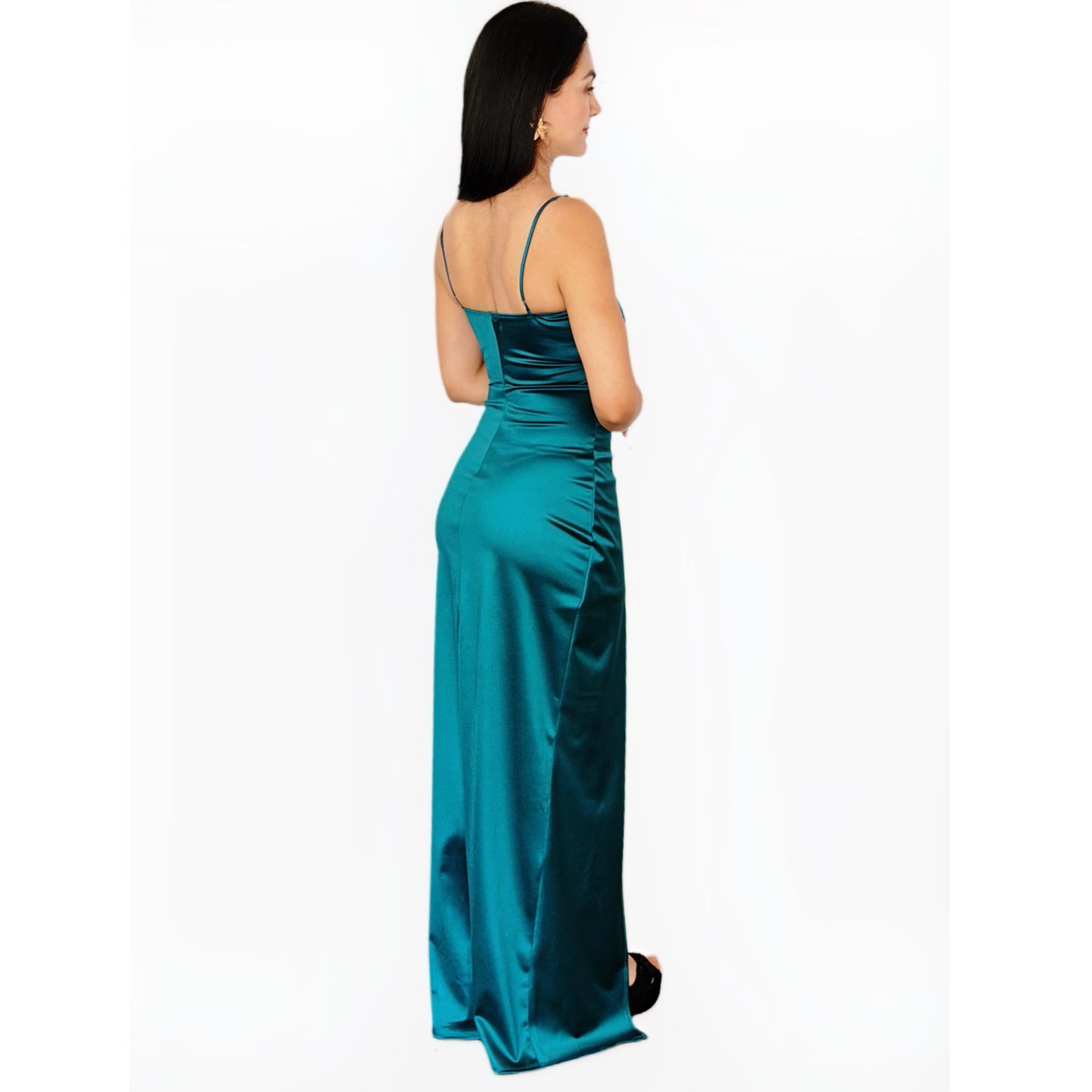 Vestido Largo Verde Satinado Escote Cruzado