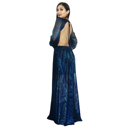 Vestido Azul Brillante Manga Larga Escotado