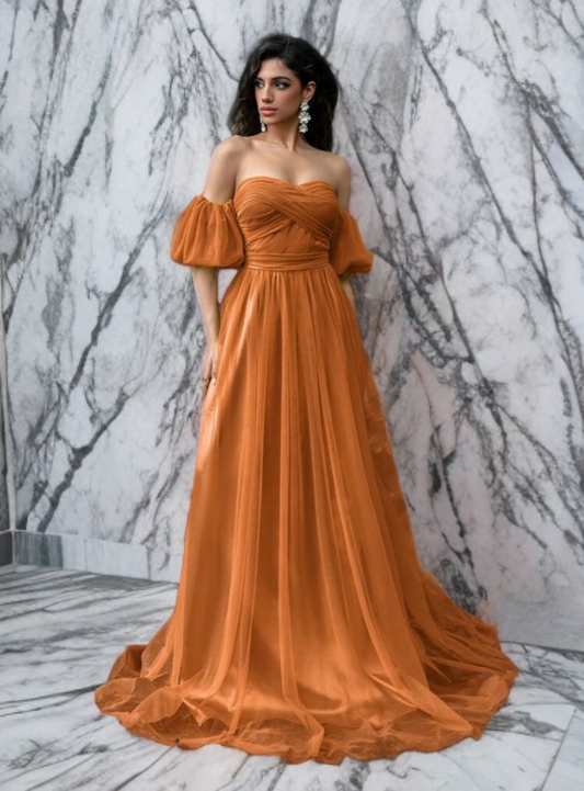Vestido Largo Naranja de Tul con Mangas Caídas