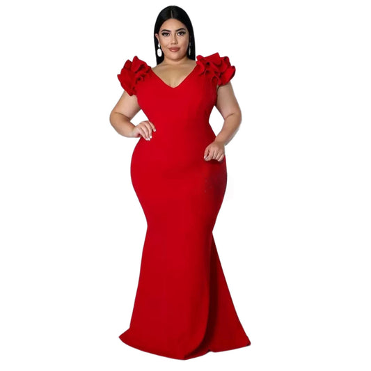 Vestido Largo Rojo Con Olanes en los Hombros