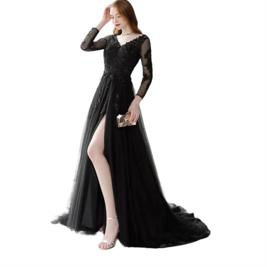 Vestido de Manga Larga con Aplicaciones y Abierta en la Pierna