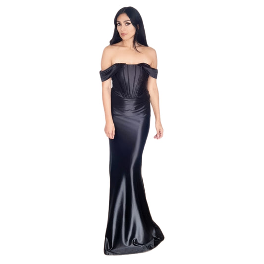 Vestido Largo Negro Corset Mangas Caídas