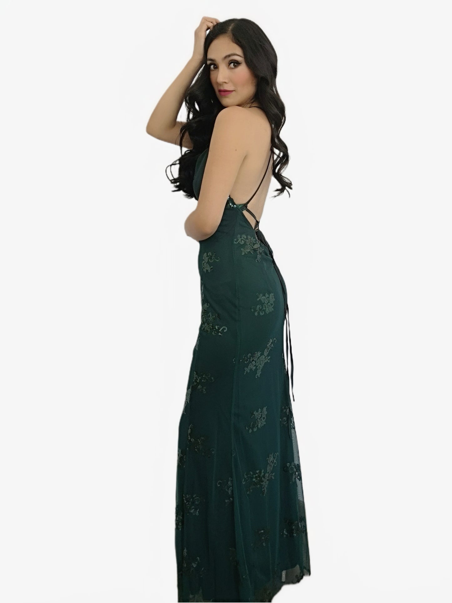 Vestido Verde Botella con Lentejuelas y Escote en la Espalda