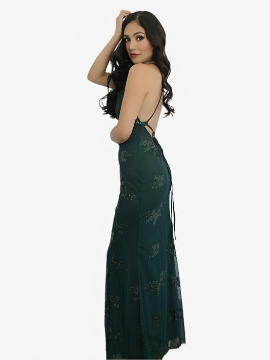 Vestido Verde Botella con Lentejuelas y Escote en la Espalda